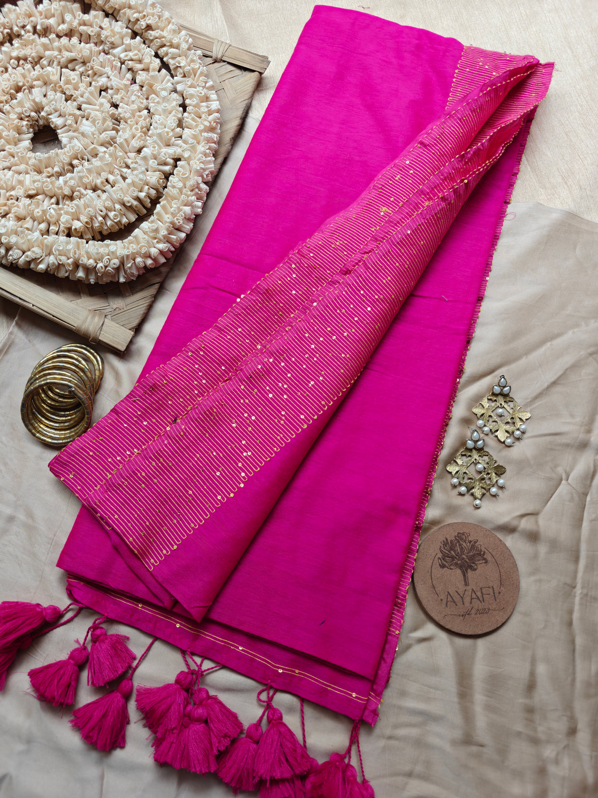 Dark Pink Sequin Striped Pallu Modal Cotton Saree