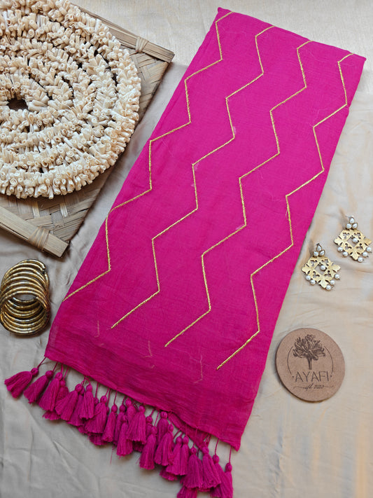 Rani Pink Chevron Embroidery Mulmul Cotton Saree
