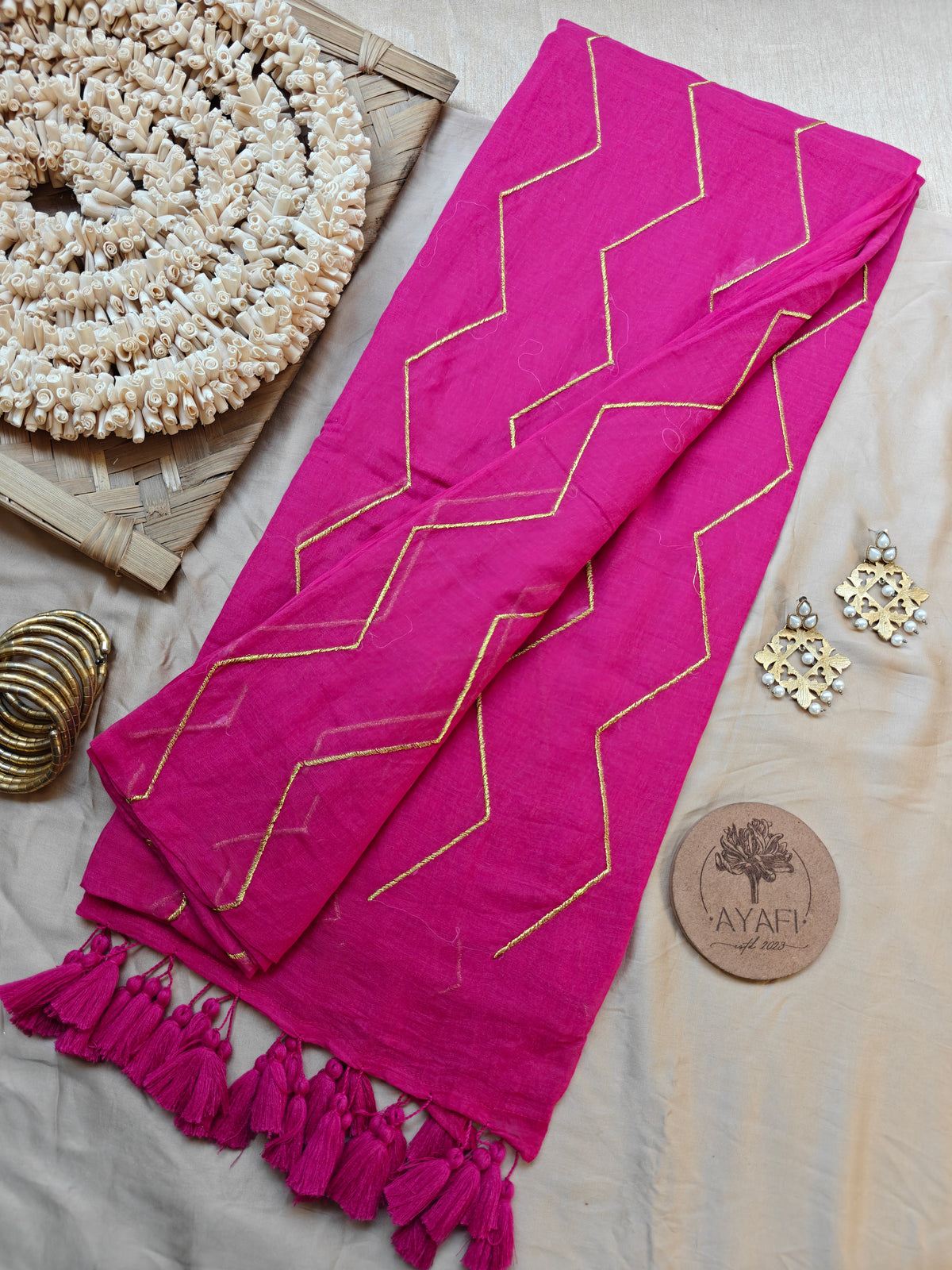 Rani Pink Chevron Embroidery Mulmul Cotton Saree