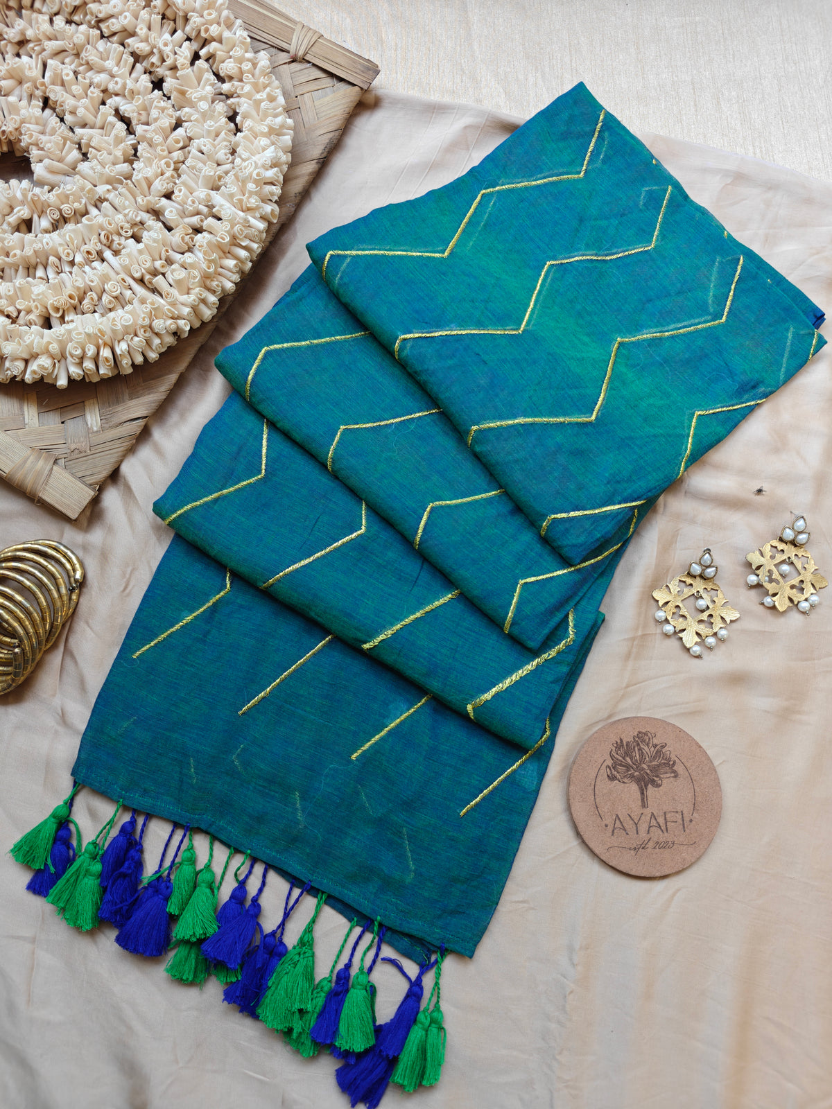 Green Chevron Embroidery Mulmul Cotton Saree