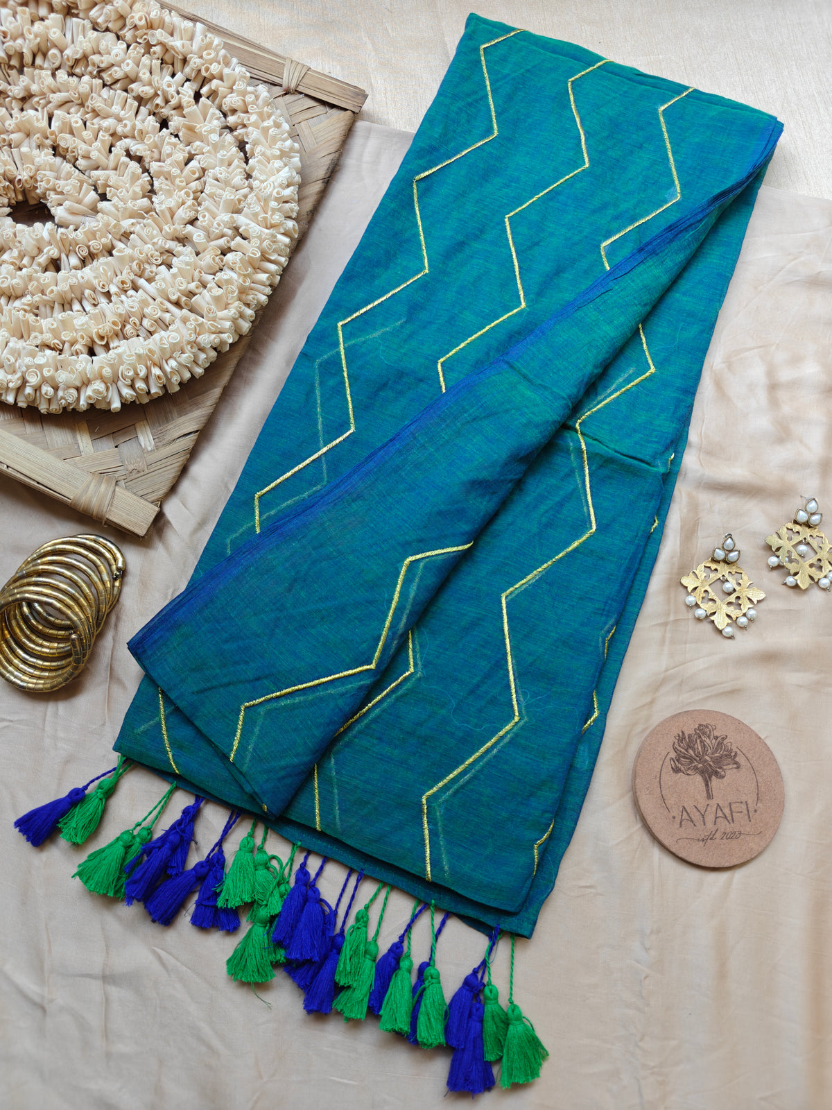 Green Chevron Embroidery Mulmul Cotton Saree