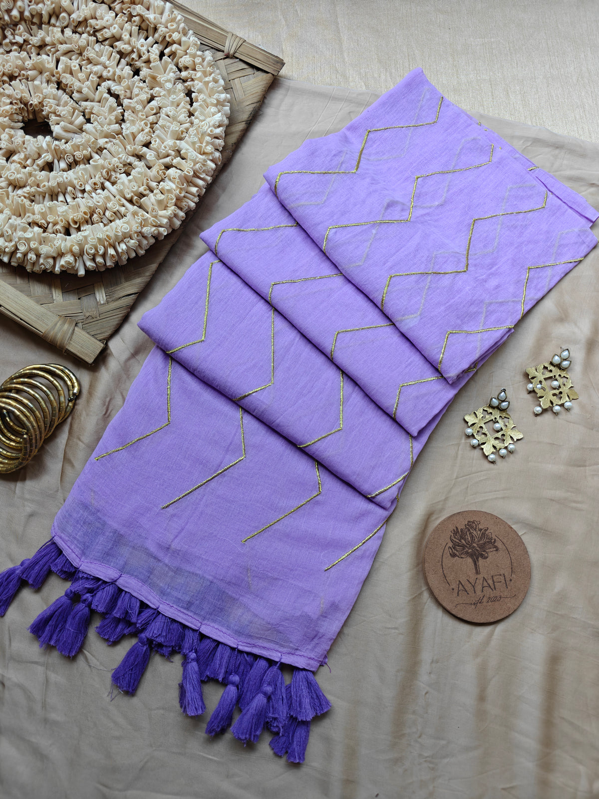 Lavender Chevron Embroidery Mulmul Cotton Saree