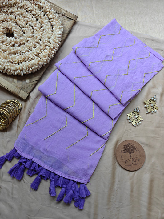 Lavender Chevron Embroidery Mulmul Cotton Saree