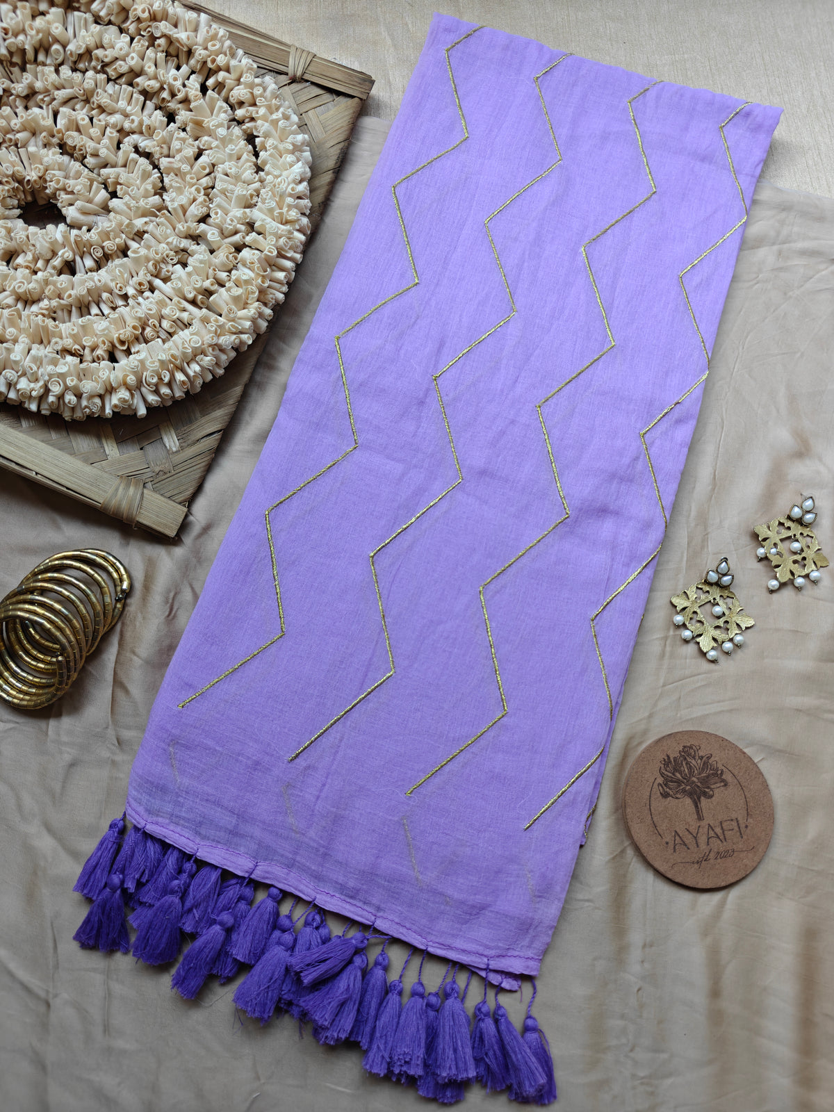 Lavender Chevron Embroidery Mulmul Cotton Saree