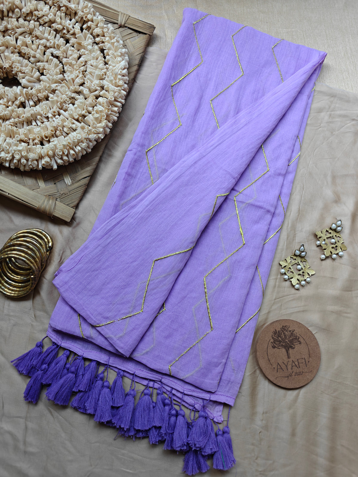 Lavender Chevron Embroidery Mulmul Cotton Saree