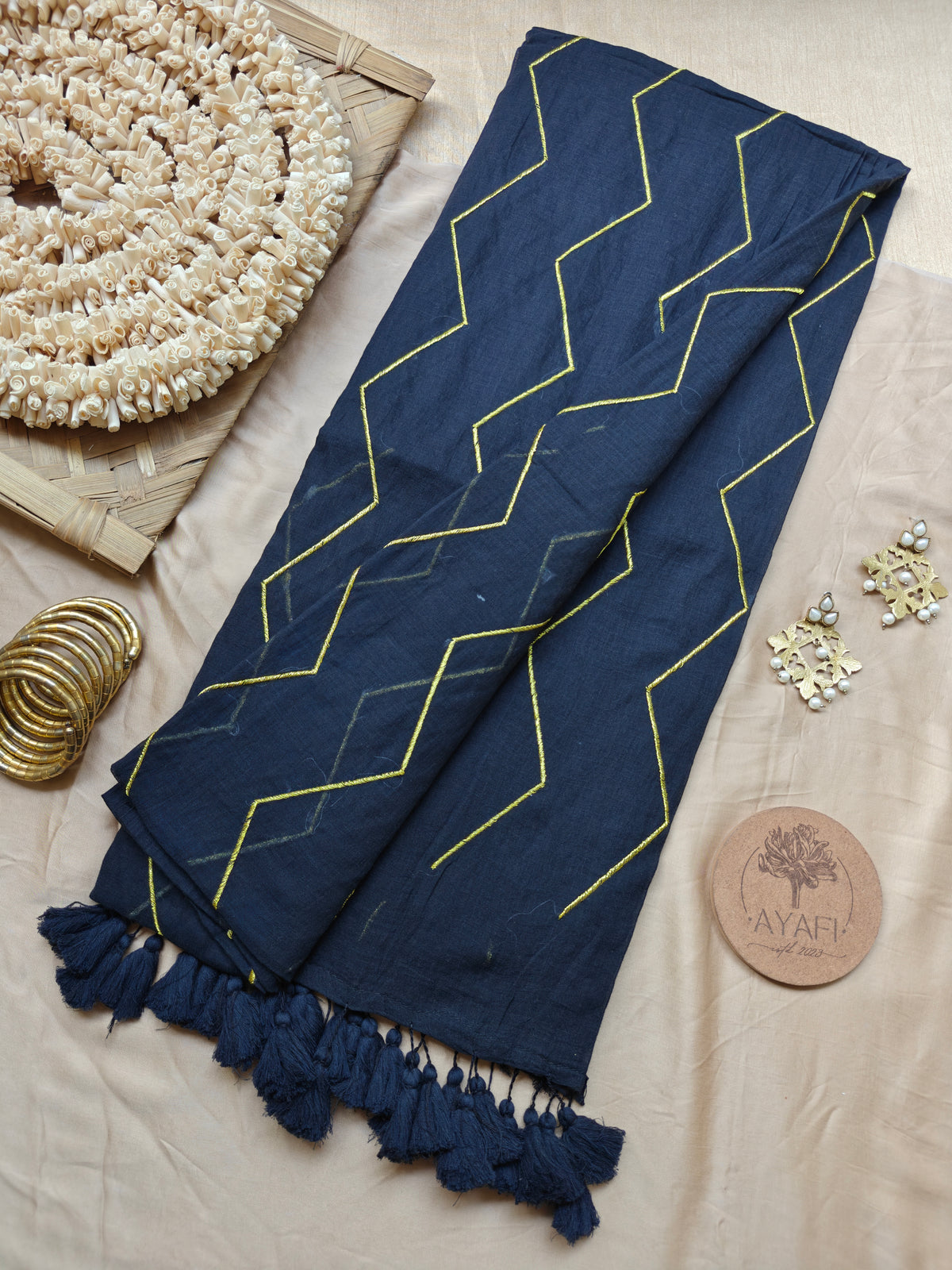 Black Chevron Embroidery Mulmul Cotton Saree