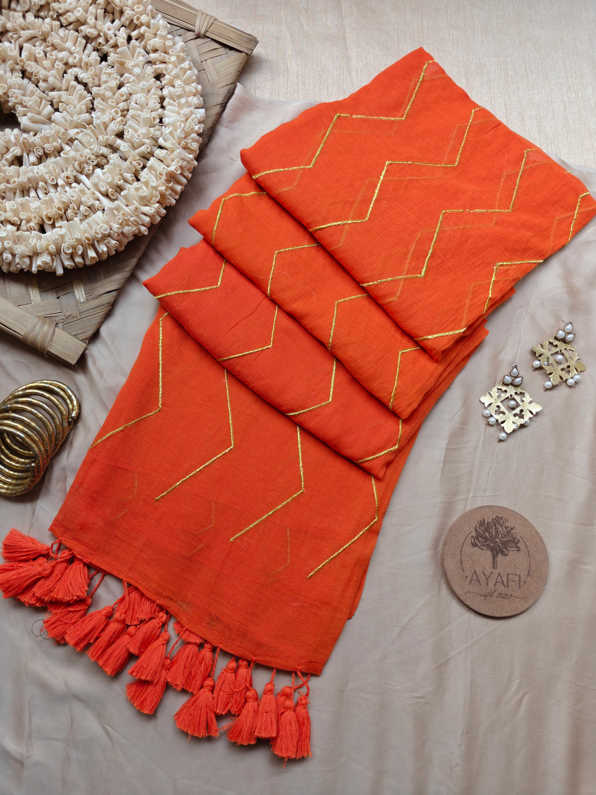Orange Chevron Embroidery Mulmul Cotton Saree