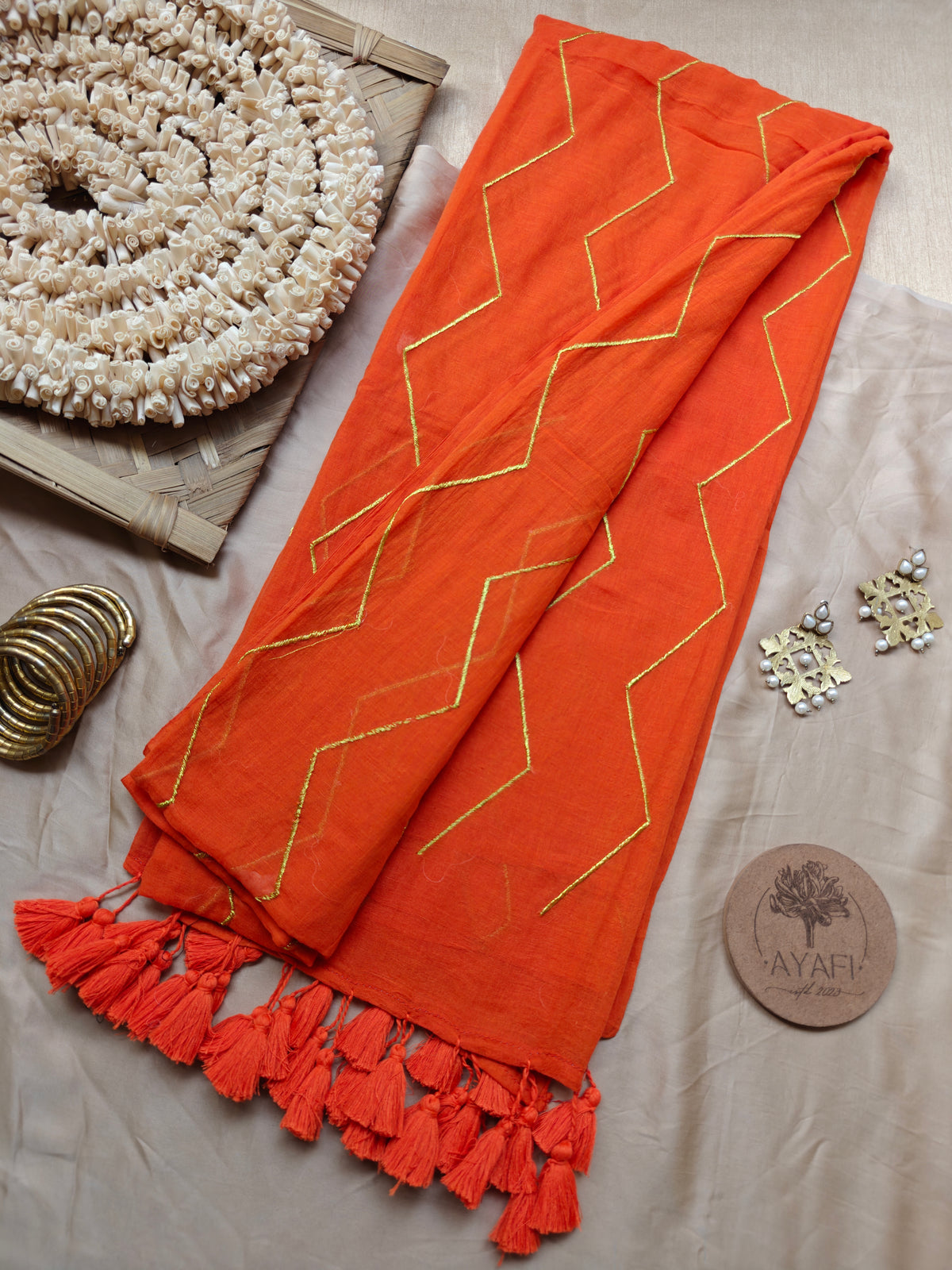 Orange Chevron Embroidery Mulmul Cotton Saree