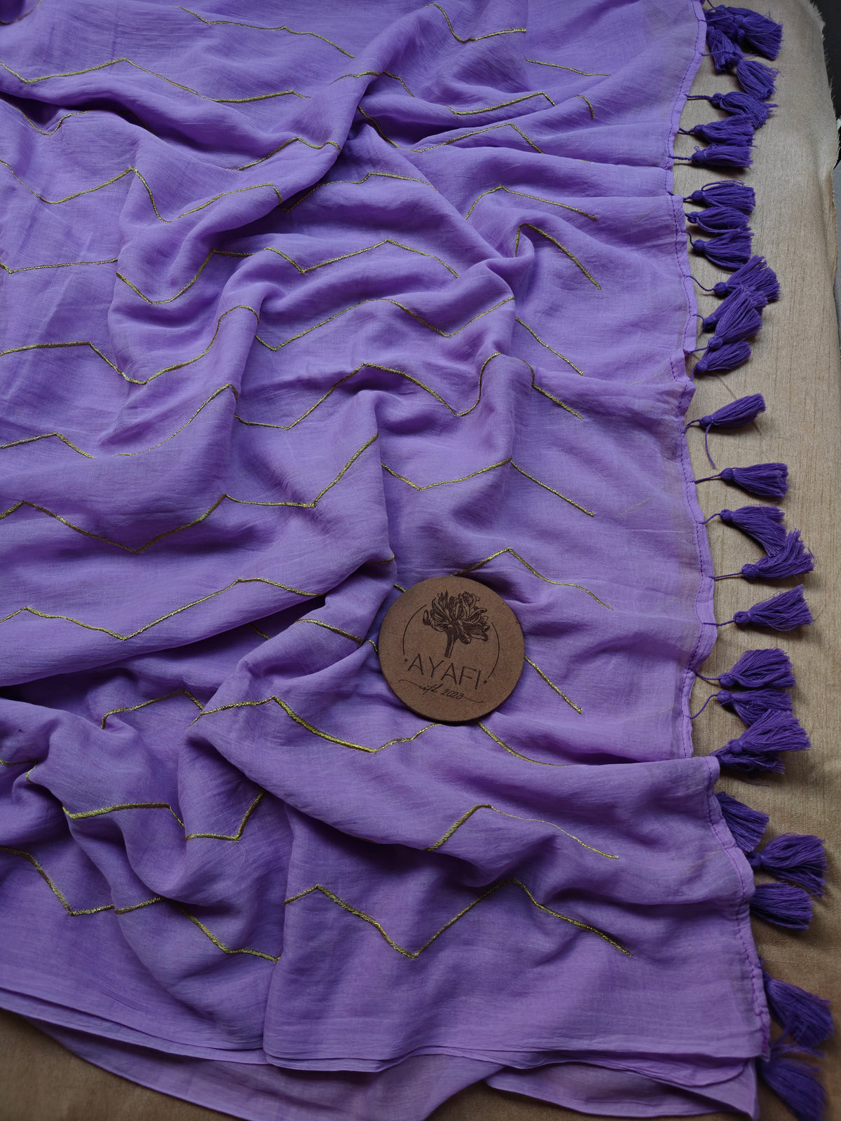 Lavender Chevron Embroidery Mulmul Cotton Saree