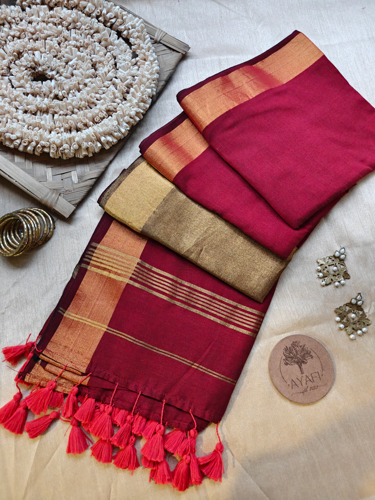 Rust Zari Pallu Modal Cotton Saree