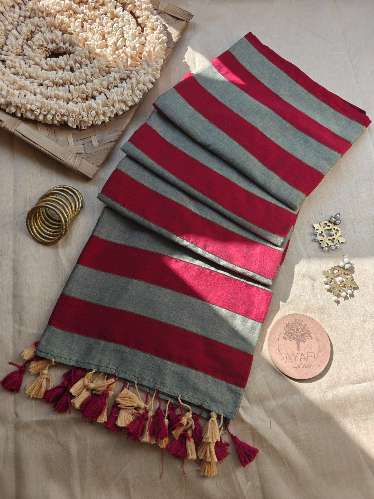 Grey-Maroon Zari Stripe Modal Cotton Saree