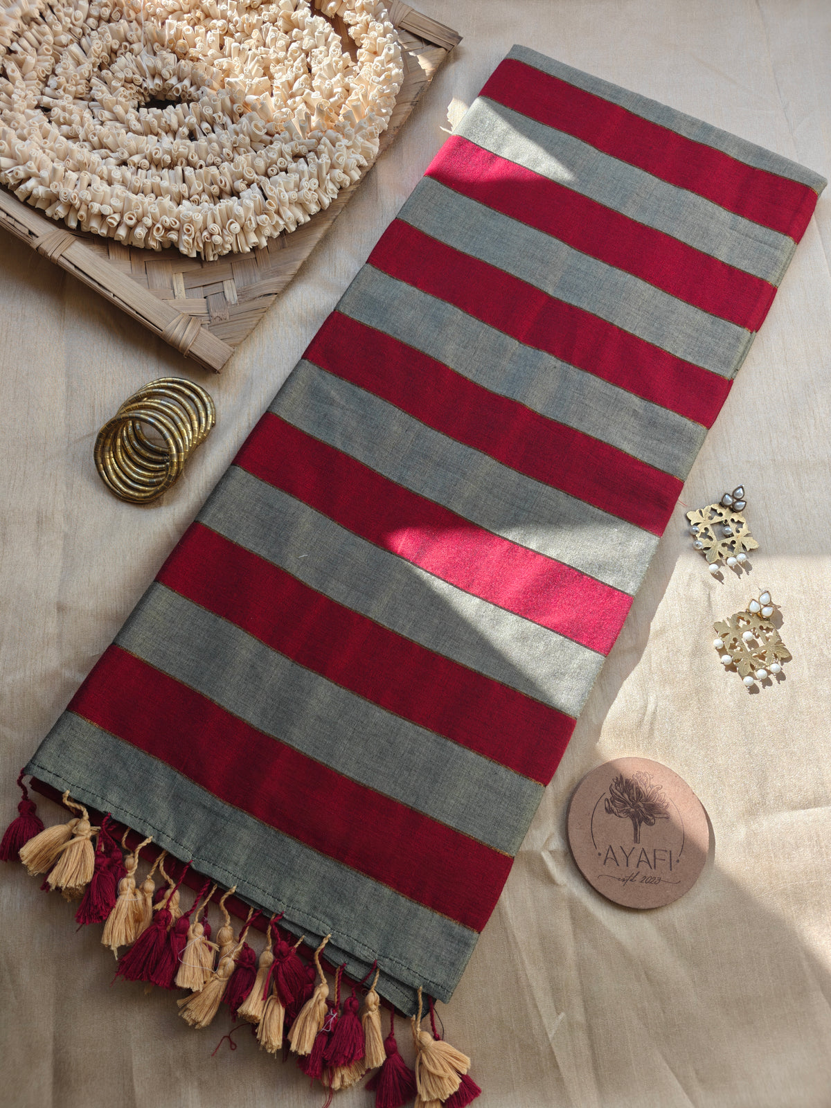 Grey-Maroon Zari Stripe Modal Cotton Saree