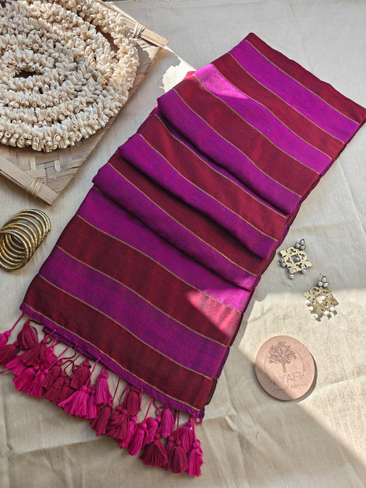 Pink-Maroon Zari Stripe Modal Cotton Saree