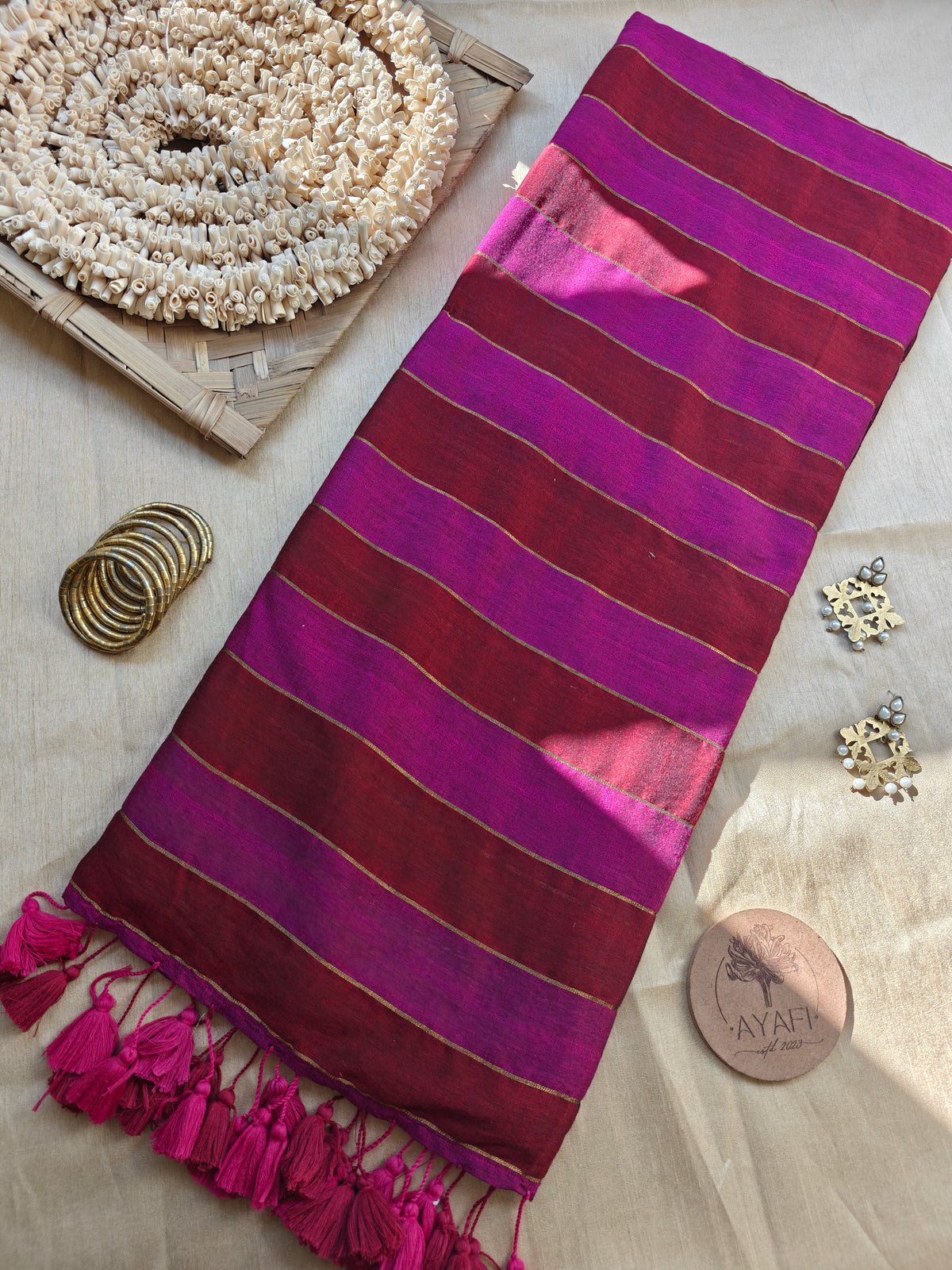 Pink-Maroon Zari Stripe Modal Cotton Saree