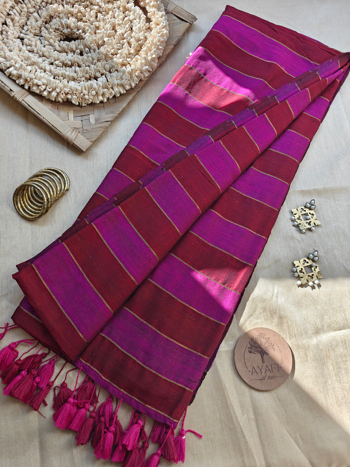 Pink-Maroon Zari Stripe Modal Cotton Saree