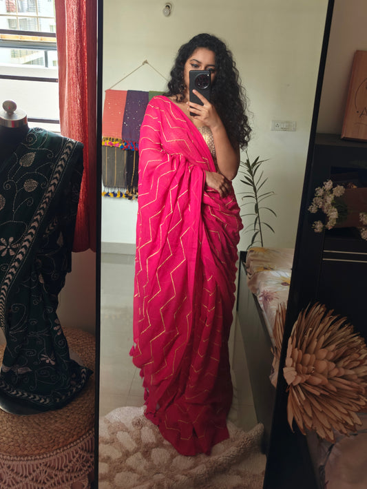 Rani Pink Chevron Embroidery Mulmul Cotton Saree