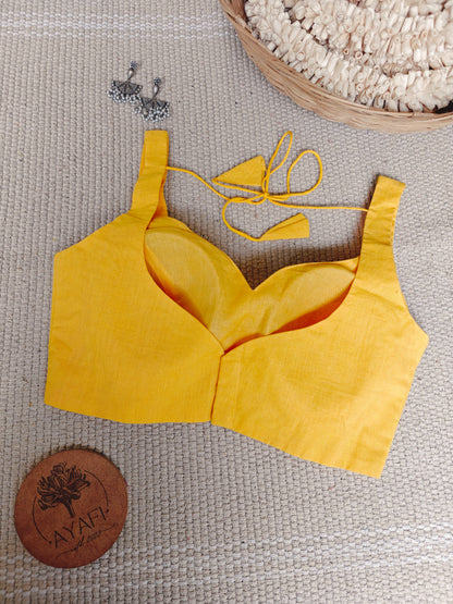 Yellow Cotton Leaf Neck Sleeveless Blouse